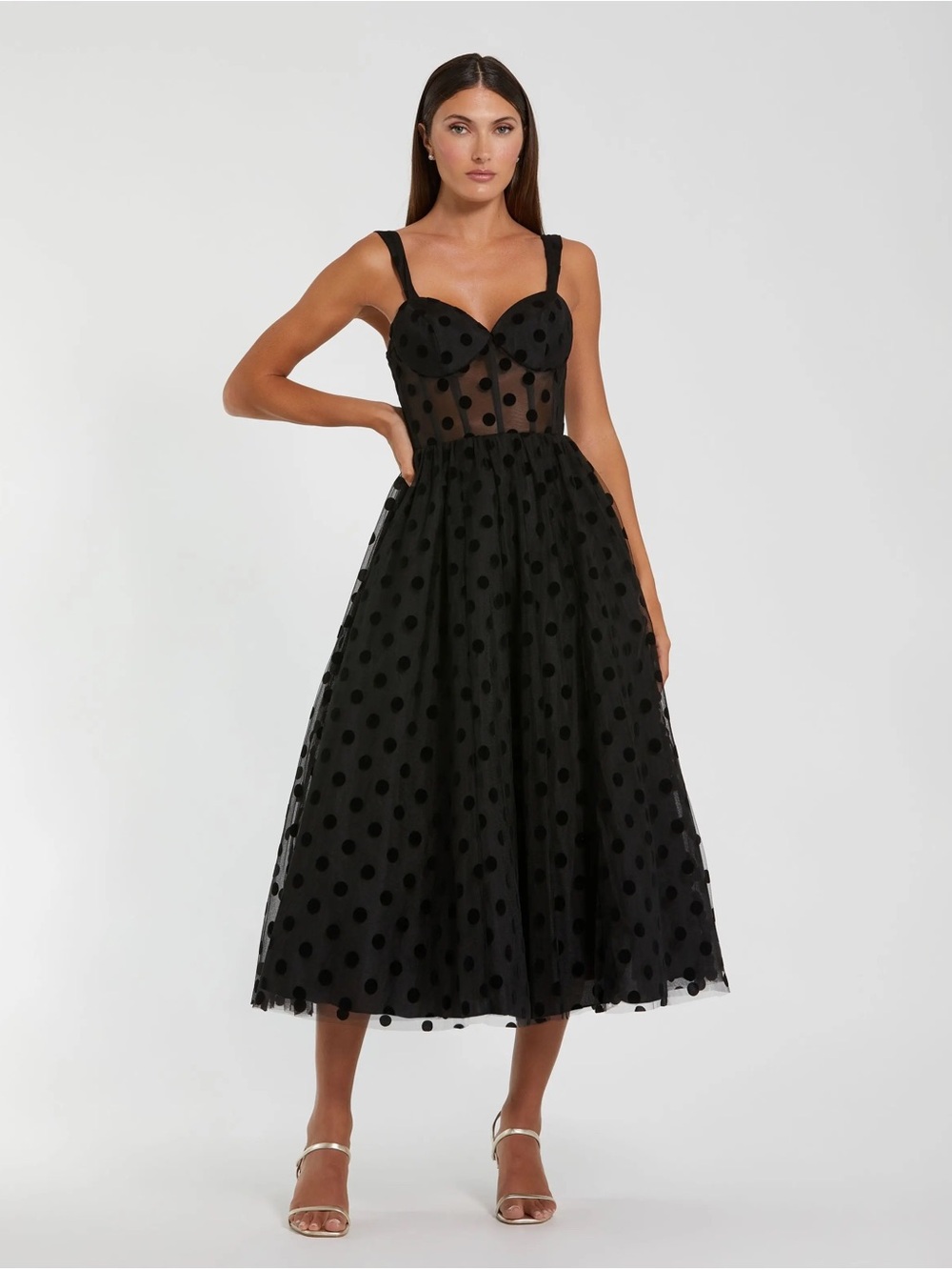Mac Duggal Ieena Black Polka Dot Tulle Bustier Midi Dress 8